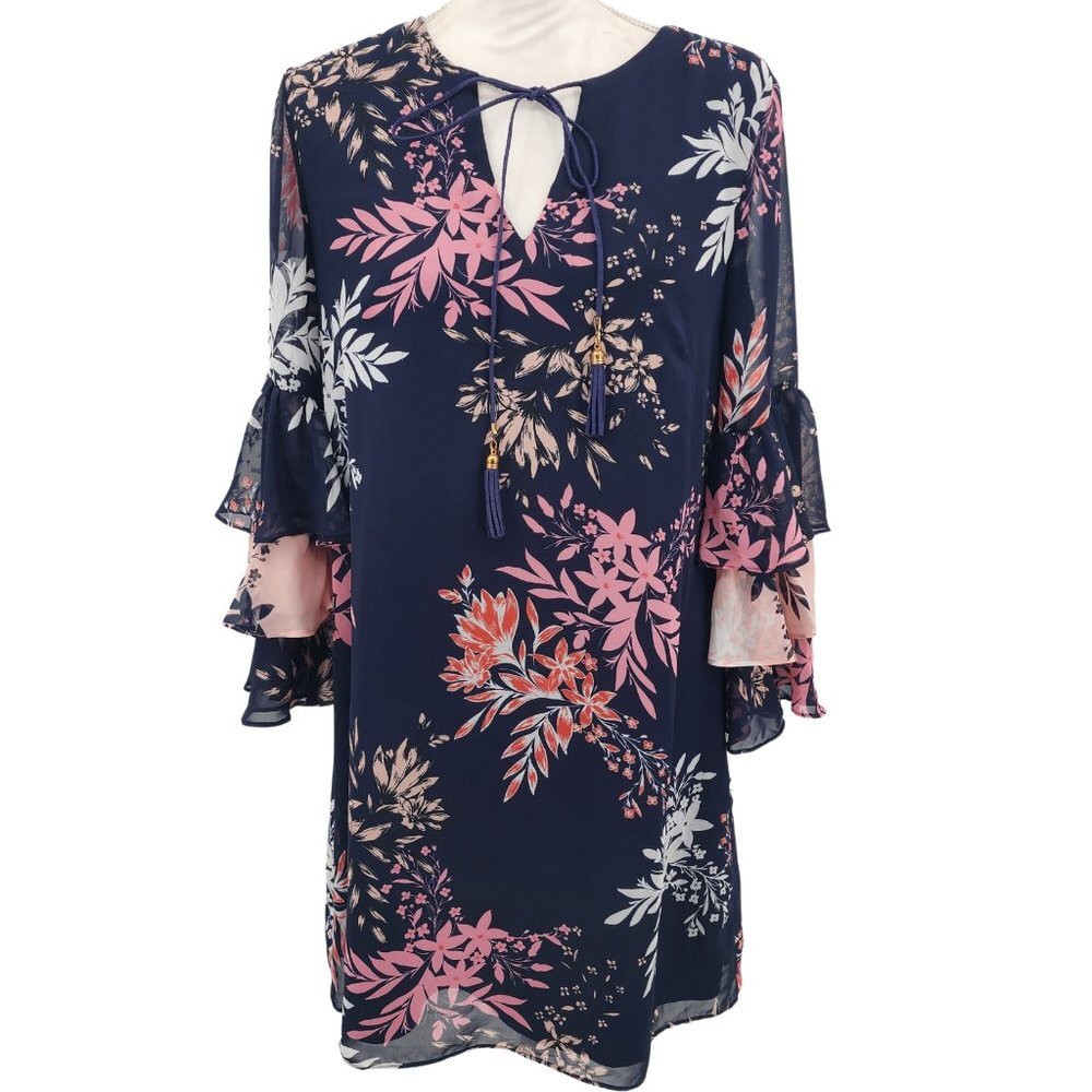 VINCE CAMUTO‎ Floral Chiffon Mini Ruffle Sleeve Shift Dress Size 8